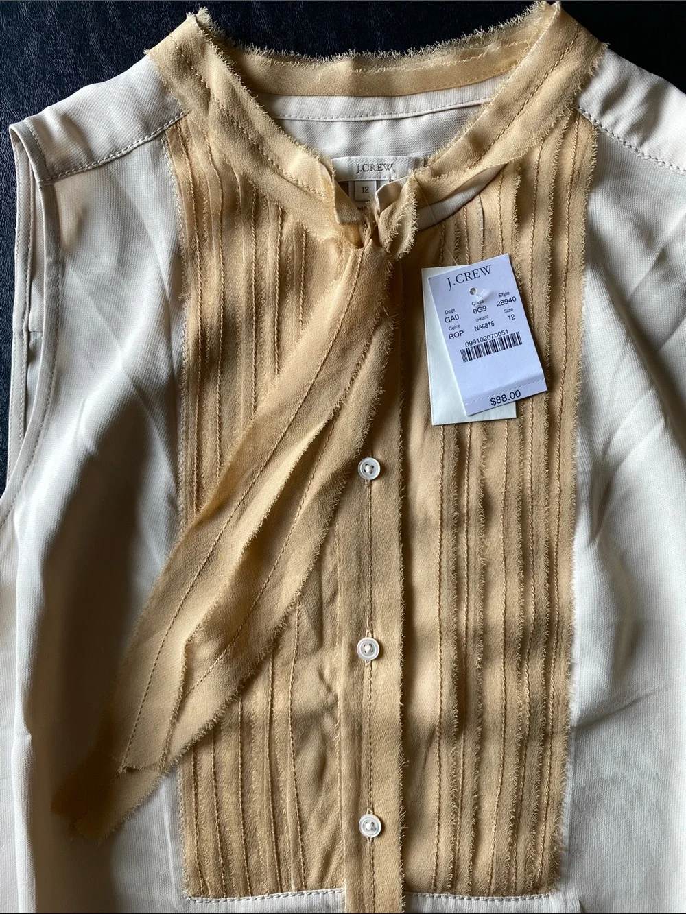 J. Crew Cream Sleeveless Tie-Neck Blouse with Tan Front Panel 100% Silk
